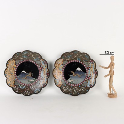 Paar Platten Cloisonné Kupfer Japan XIX-XX Jhd