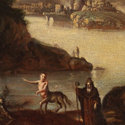 Landschaft mit Heiligenfiguren Öl auf Leinwand Italien XVII-XVIII Jh