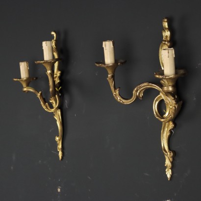 Pair of Wall Lamps Baroque Style Gilded Bronze Italy XX Century