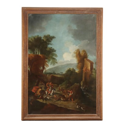 Large Landscape with Hunting Scene Oil on Canvas 18th Century