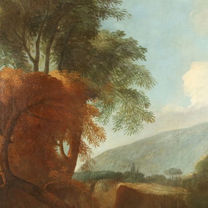 Large Landscape with Hunting Scene Oil on Canvas 18th Century