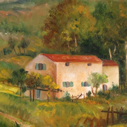 arte, arte italiano, pintura italiana del siglo XX, Pintura de Amerigo Canegrati, Paisaje montañoso con granja, Amerigo Canegrati