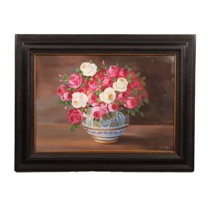 Dipinto con Composizione di Rose in Vaso