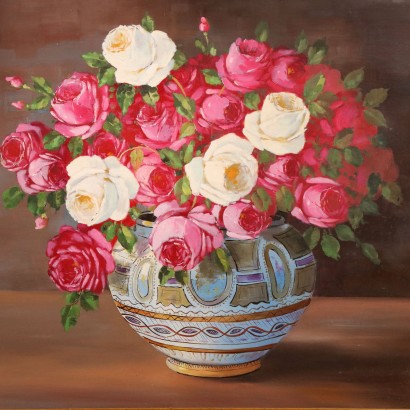 Dipinto con Composizione di Rose in Va,Composizione di Rose in Vaso