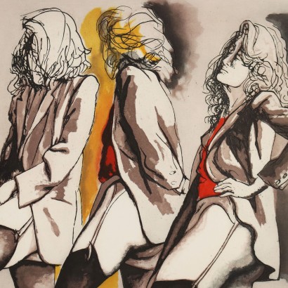 arte, arte italiano, pintura italiana del siglo XX, Aguafuerte de Renato Guttuso, Cuatro mujeres, Renato Guttuso