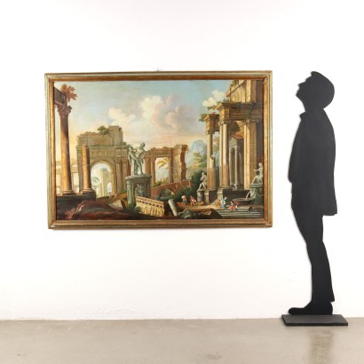 arte, arte italiano, pintura italiana del siglo XX, paisaje con arquitectura y personajes