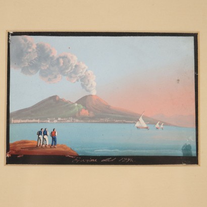 arte, arte italiano, pintura italiana del siglo XIX, Dos gouaches con vistas napolitanas