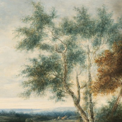 Landschaft mit Figuren Öl auf Holztablett Europa XVIII-XIX Jhd