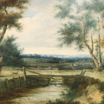 Landschaft mit Figuren Öl auf Holztablett Europa XVIII-XIX Jhd