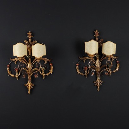 Pair of Wall Lamps Neoclassical Style Carved Wood Italy XX Century