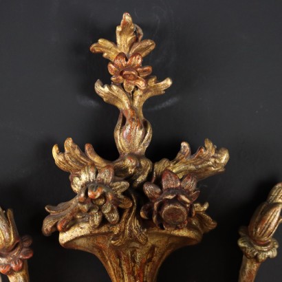 Pair of Wall Lamps Neoclassical Style Carved Wood Italy XX Century