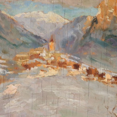 Gemälde Berglandschaft Öl auf Holztablett Italien 1932