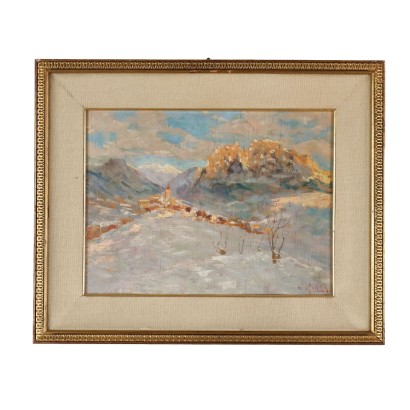 Gemälde Berglandschaft Öl auf Holztablett Italien 1932