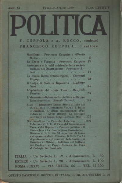 Politica Vol. XXX Anno XI Febbraio-Aprile 1929 Fas, AA.VV.