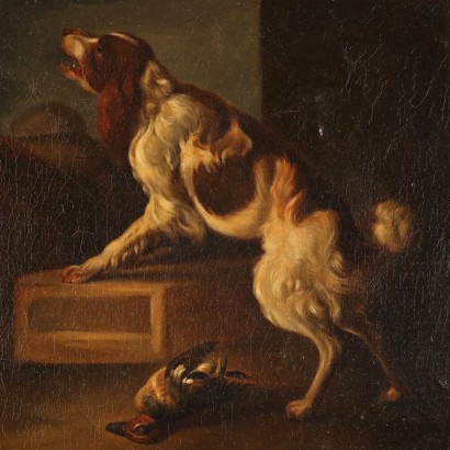 Pintado con perro de caza y presa ,Perro de caza con presa
