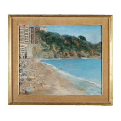 arte, arte italiano, pintura italiana del siglo XX,Pintura con paisaje de Berto Ferrari%2,Playa de Liguria,Berto Ferrari