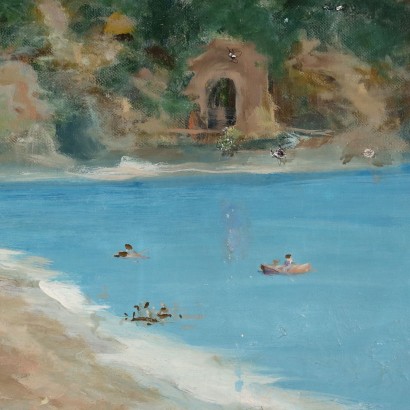 arte, arte italiano, pintura italiana del siglo XX,Pintura con paisaje de Berto Ferrari%2,Playa de Liguria,Berto Ferrari