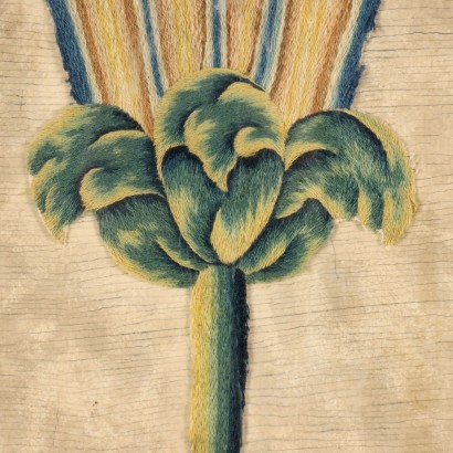 Antike Stickerei auf Leinwand mit Obst und Blumen