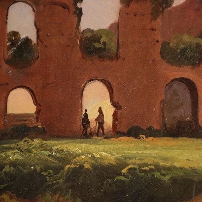 arte, arte italiano, pintura italiana del siglo XIX, pintura de paisaje italiano con ruinas, paisaje italiano con ruinas y figuras