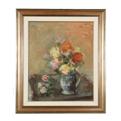 E. Pastorio Rose\'s Vase Oil on Canvas Italy XX Century